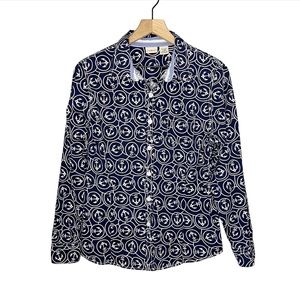 LL Bean Anchor Print Long Sleeve Button Top in Blue L